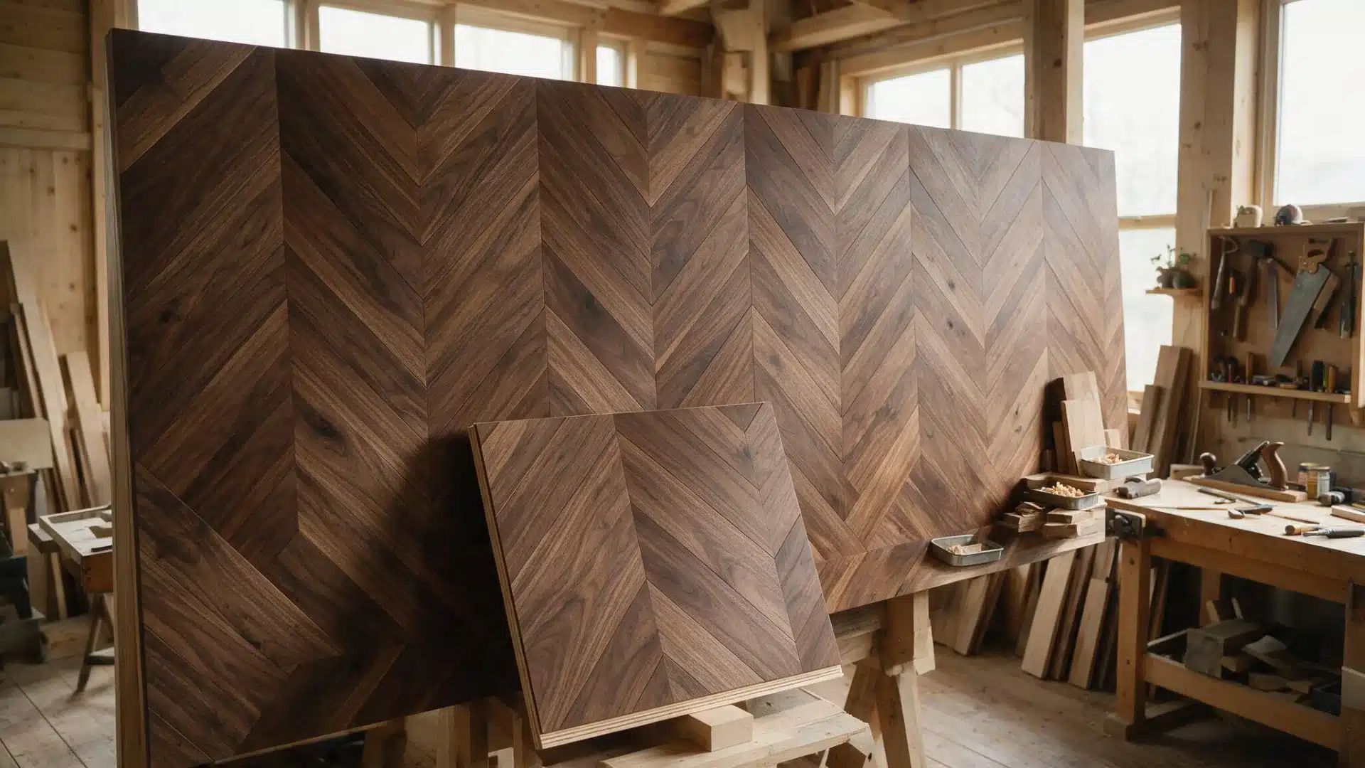 Decorative walnut plywood panel with chevron wood grain pattern in a workshop