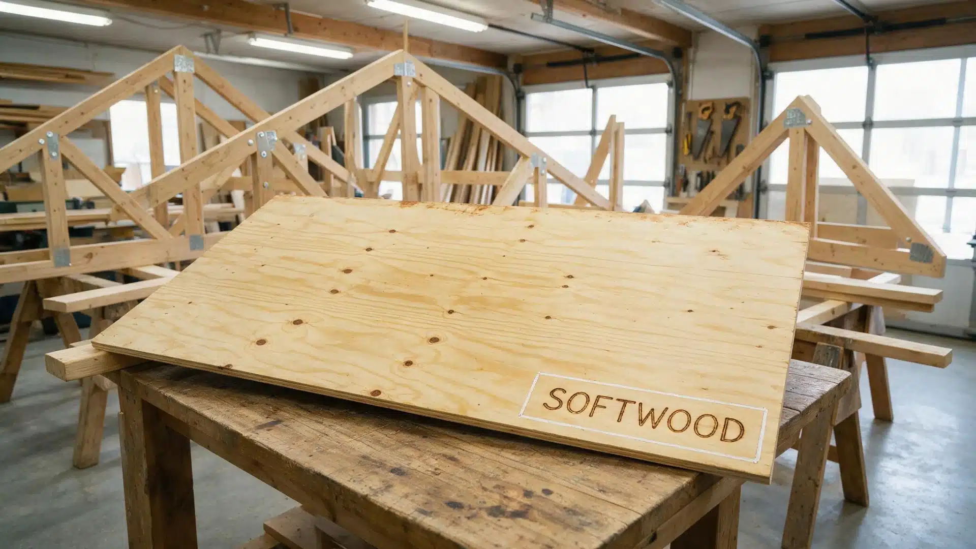 Softwood plywood sheet with wood-burned label resting on a workbench