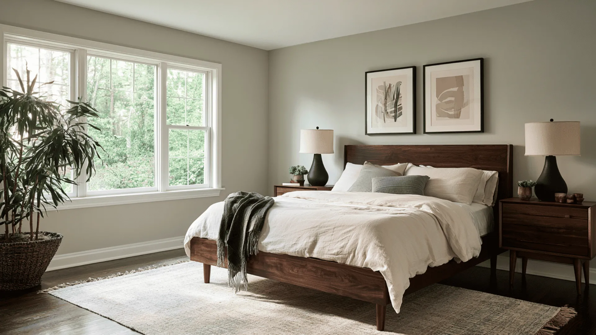 Modern bedroom featuring dark wood furniture, neutral bedding, and Mindful Gray walls.