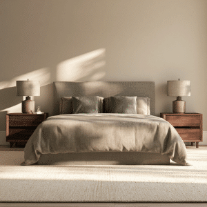 beige bedroom with a low bed, wooden nightstands, matching lamps, and warm light
