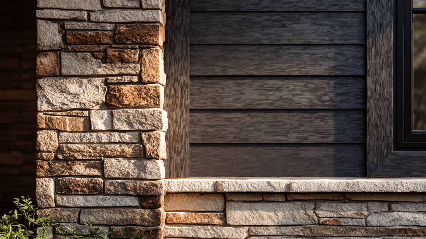 Urbane Bronze siding paired with warm stacked stone and dark window trim