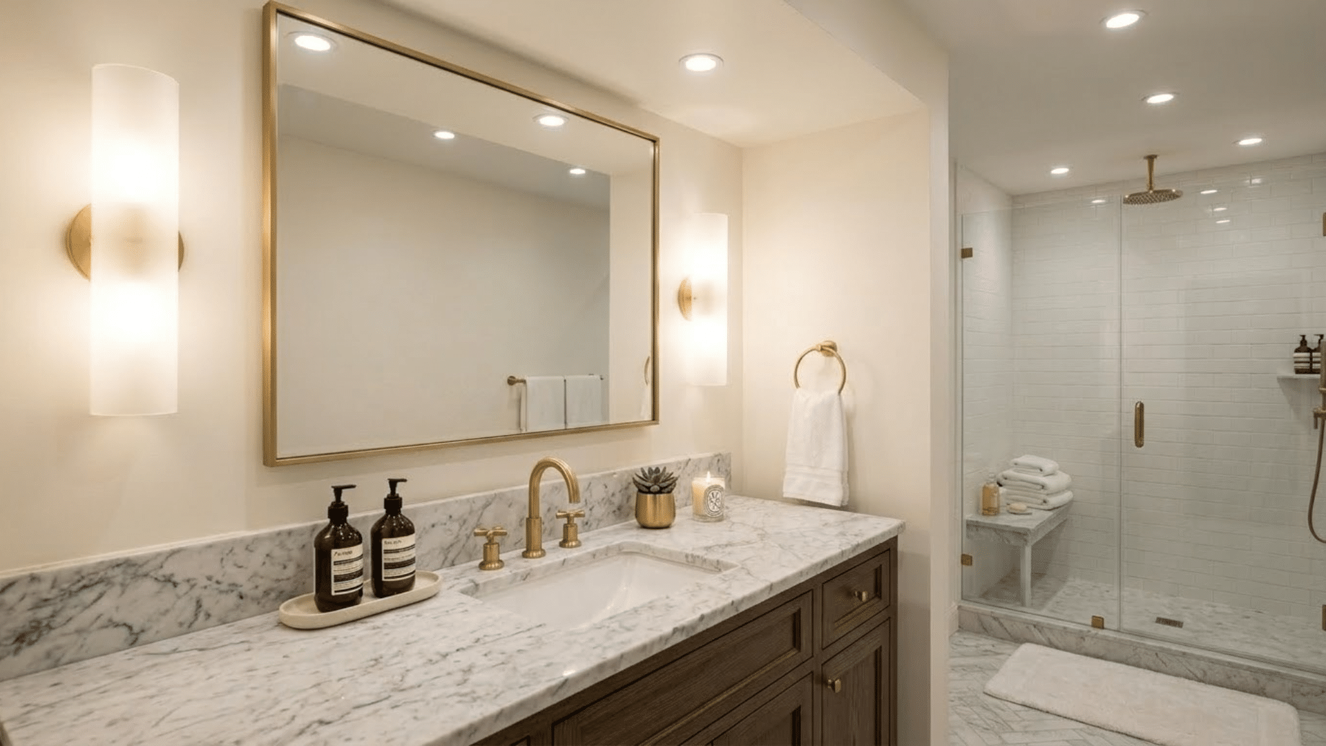 small elegant bathroom with vanity lighting and recessed ceiling lights near the mirror