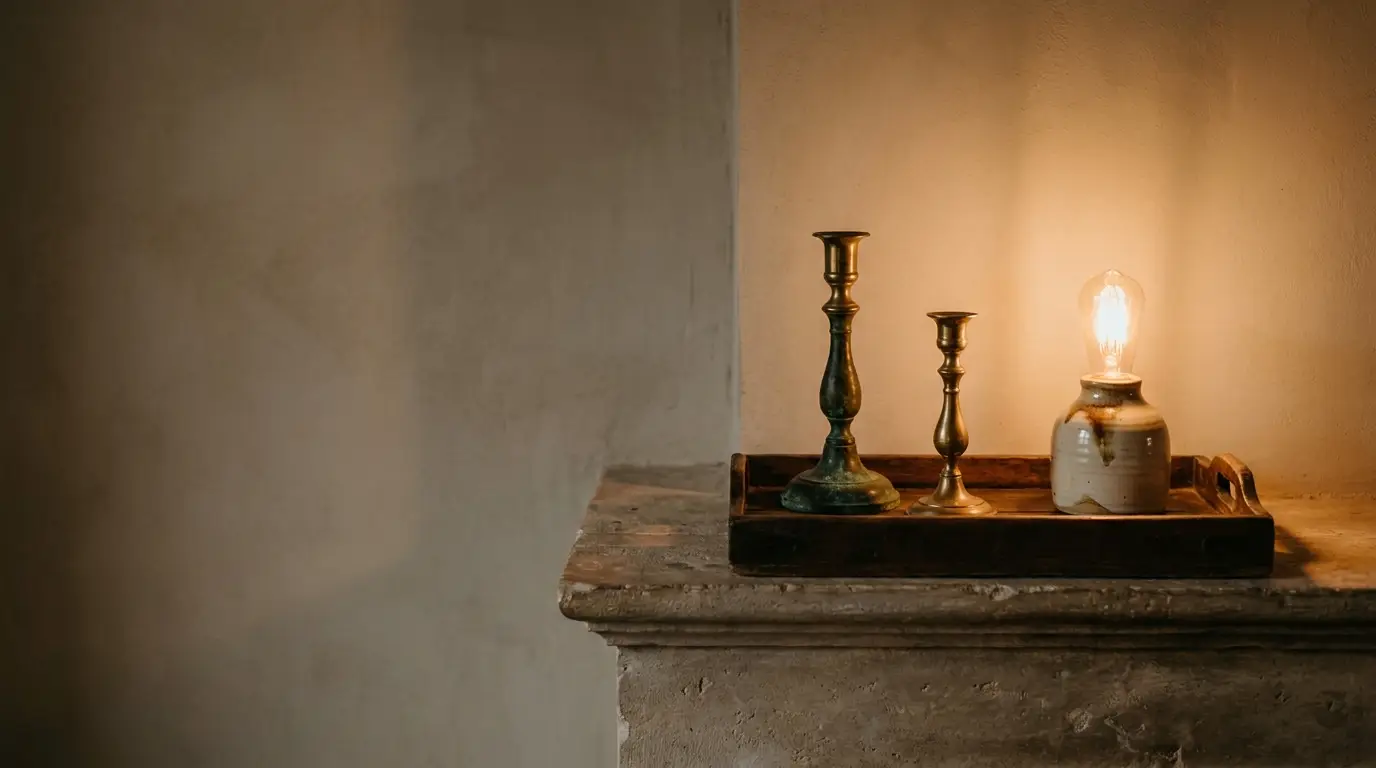 Brass candlesticks and glowing light bulb on wooden tray atop rustic mantel