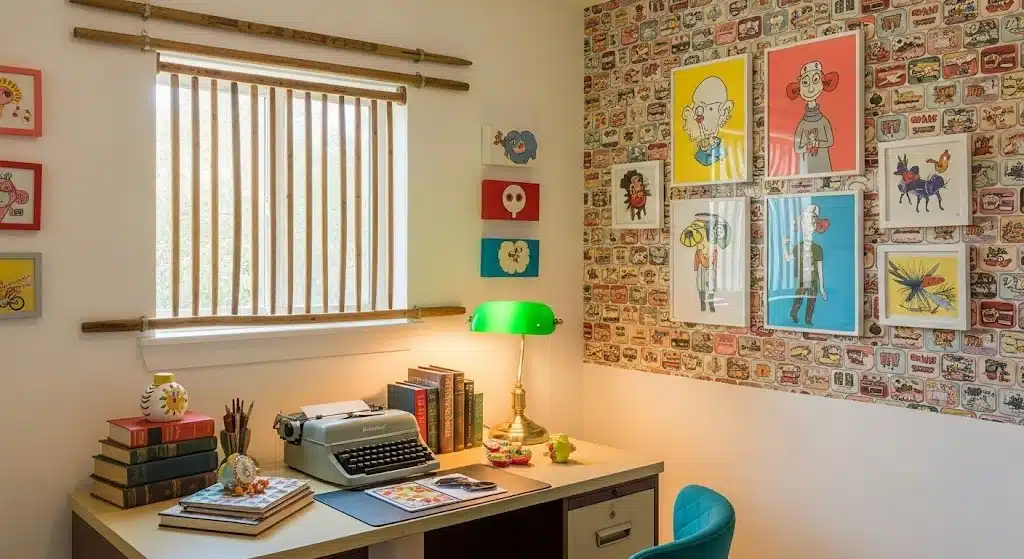 Vintage yardstick curtain rods used as creative window hardware in a colorful retro-inspired home office.