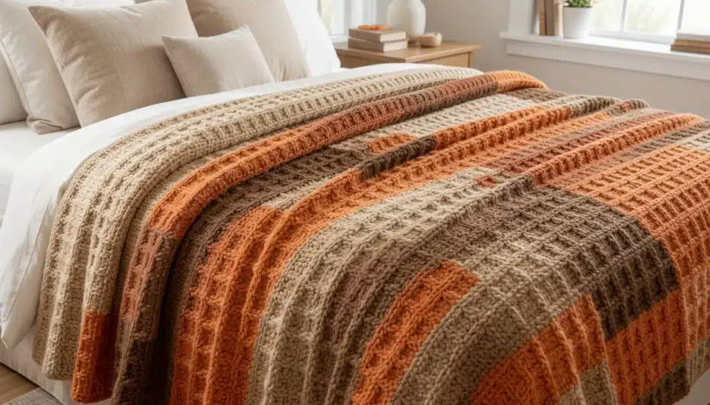 A bed featuring orange and brown striped blanket with a waffle stitch crochet pattern draped over it.