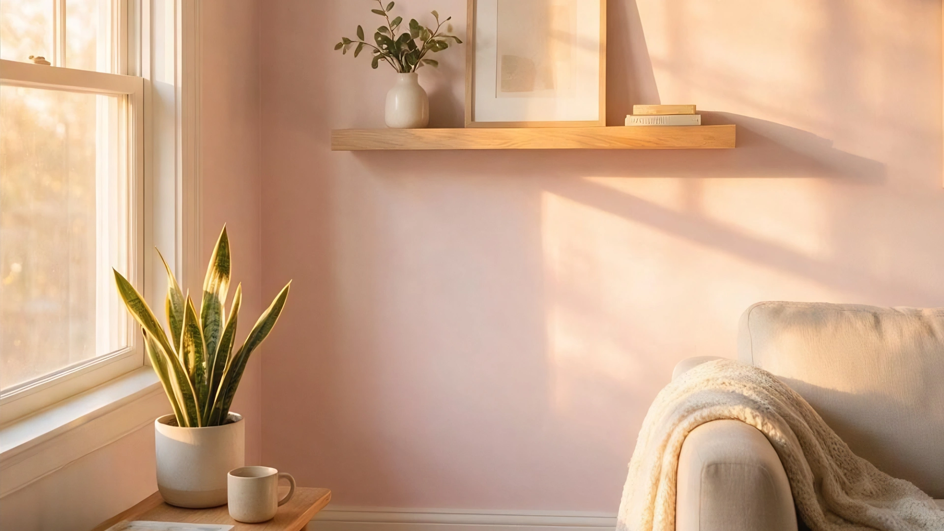 Warm blush pink bedroom wall with a snake plant, wooden shelf, and soft armchair