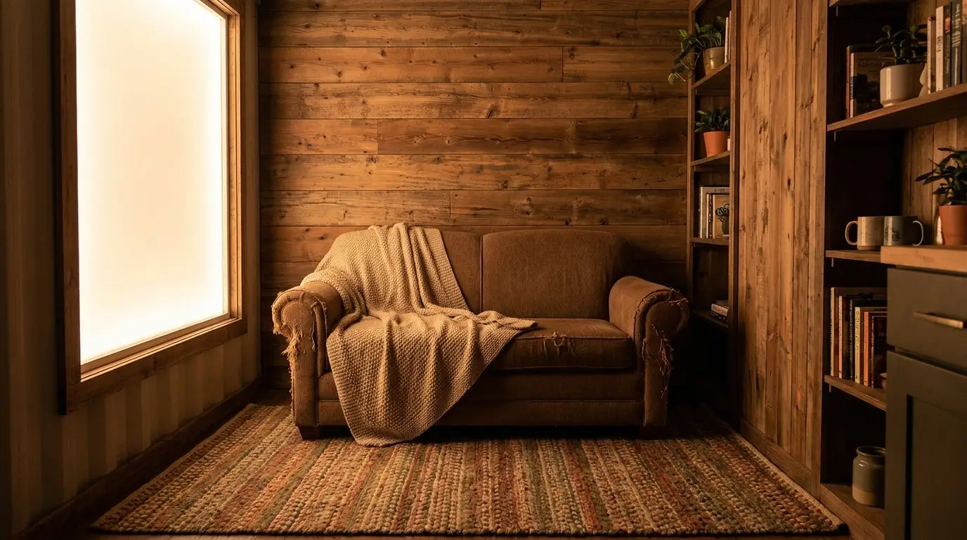 Rustic living room with brown sofa, knit blanket, wooden walls, and bookshelves in warm lighting