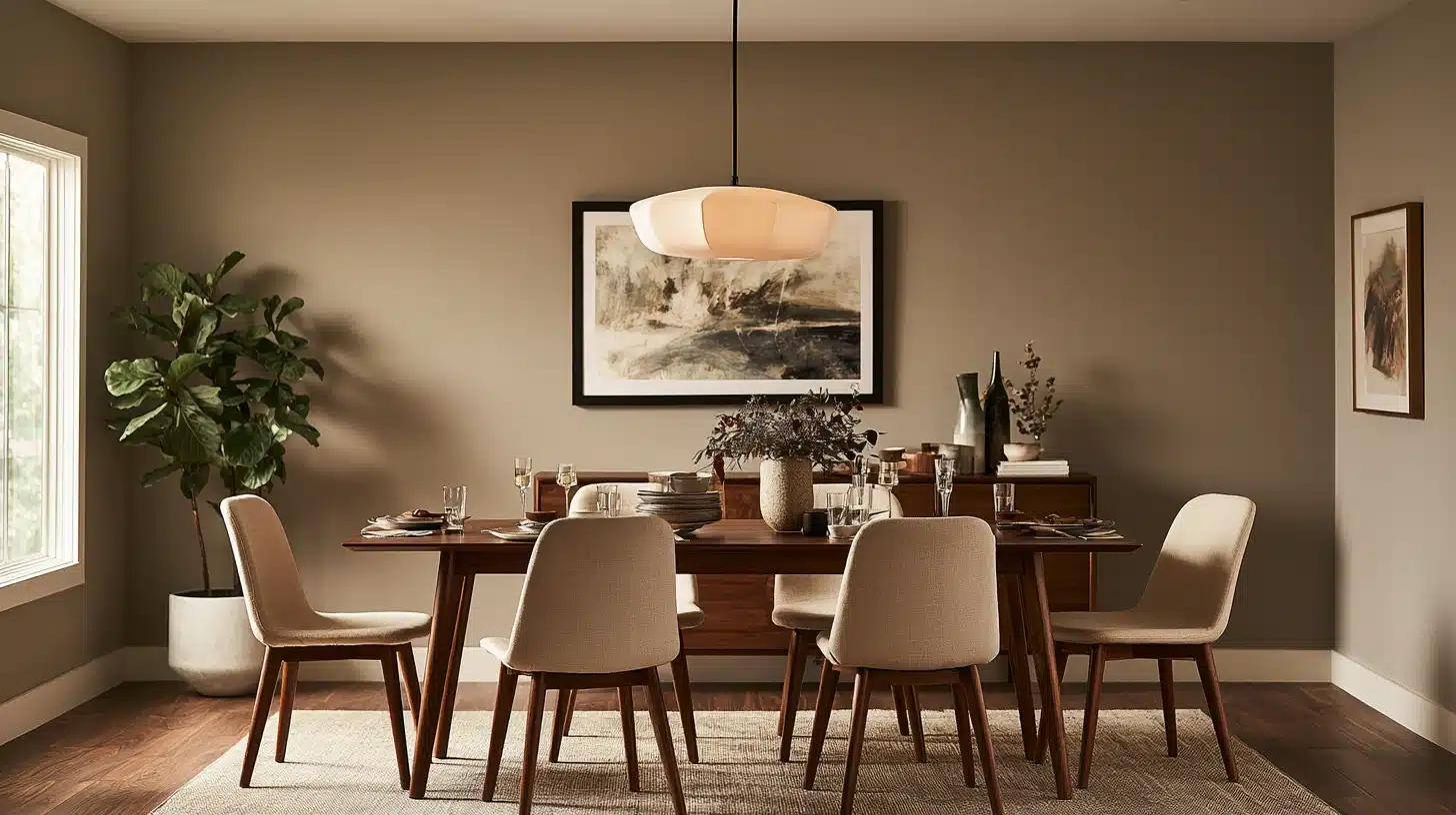 Warm modern dining room with a set table, six upholstered wooden chairs, a central pendant light, large abstract artwork, sideboard, and potted fiddle-leaf fig.