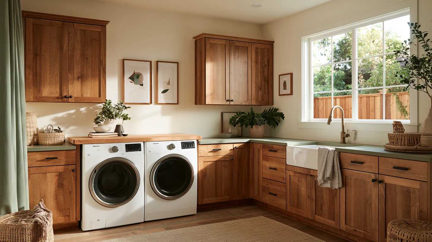 Warm laundry room with wood cabinetry, butcher-block counters, creamy walls, white washer and dryer, farmhouse sink, and natural sunlight.