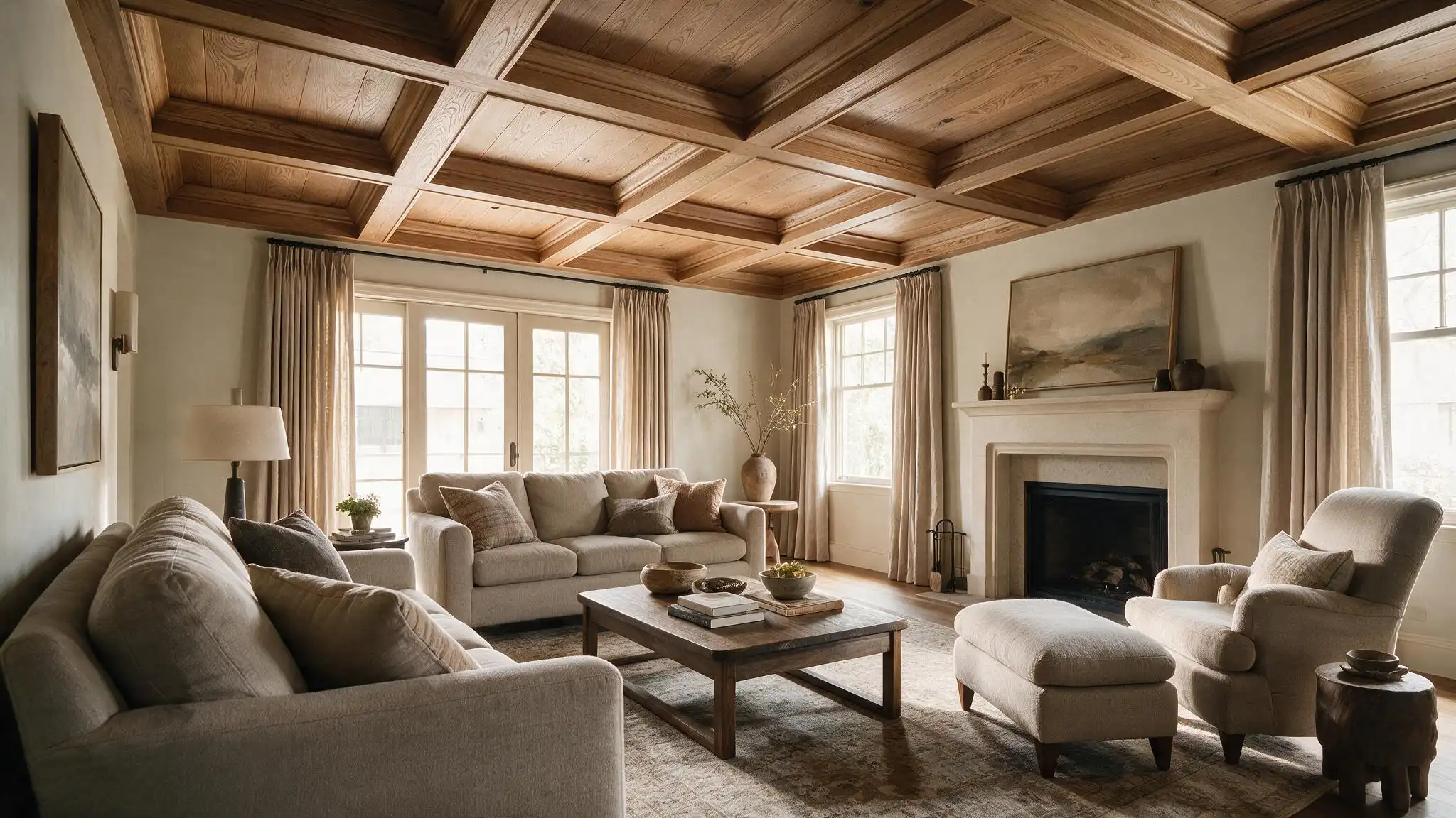 Warm living room with natural wood coffered ceiling fireplace cream sofas soft daylight and neutral textured decor