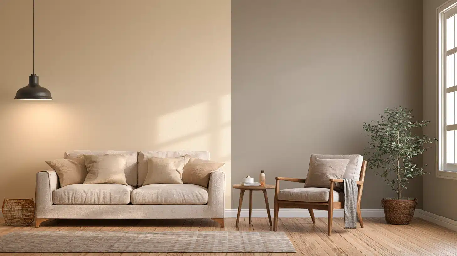 Warm minimalist living room with a beige sofa, wooden armchair, side table, potted plant, pendant light, and sunlight streaming through a tall window.