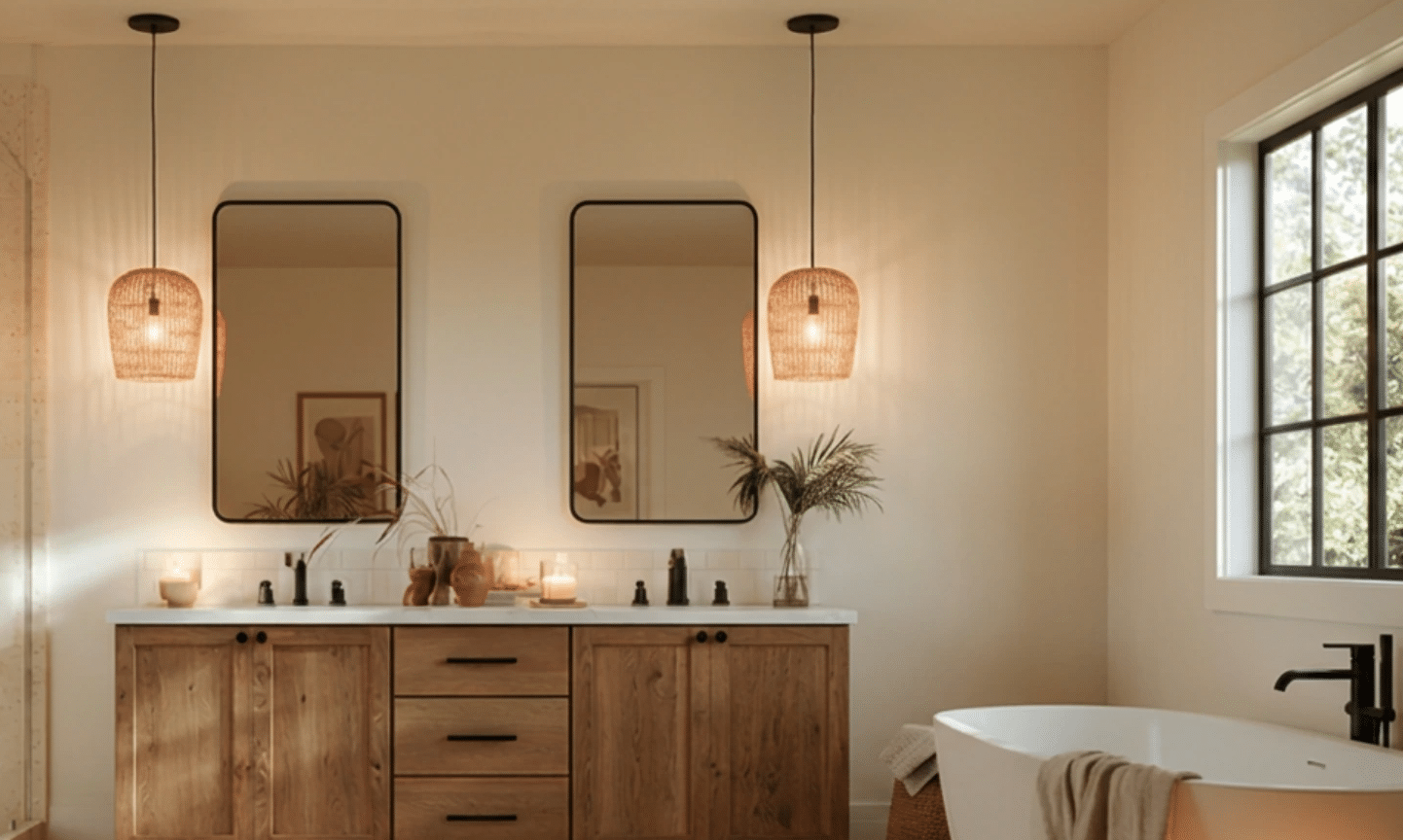 Warm modern bathroom with wood vanity, double mirrors, walk-in shower, freestanding tub, and woven pendant lights.