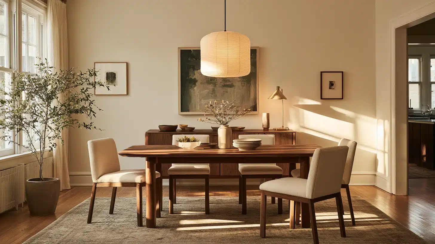 Dining room with warm off-white walls, wooden table, upholstered chairs, pendant lighting, and soft natural sunlight.