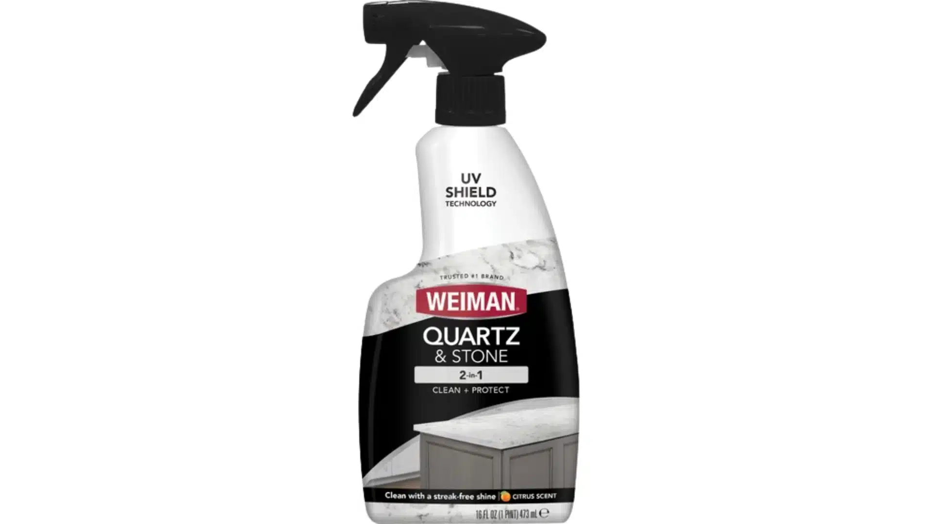 Weiman quartz and stone cleaner spray bottle with clean and protect formula on a plain white background