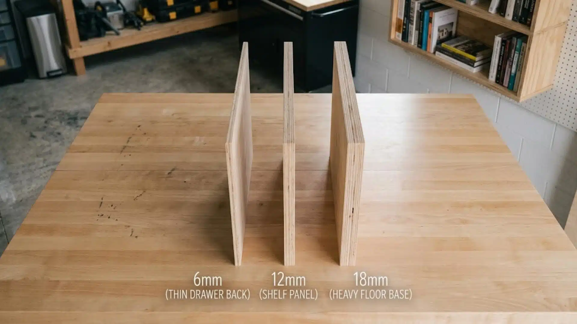 Three standing plywood boards showing 6mm, 12mm, and 18mm thickness options