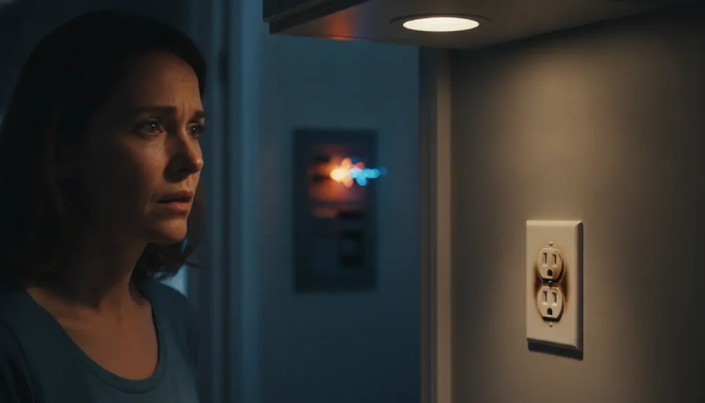 Woman in dimly lit room looking at burnt electrical outlet on wall