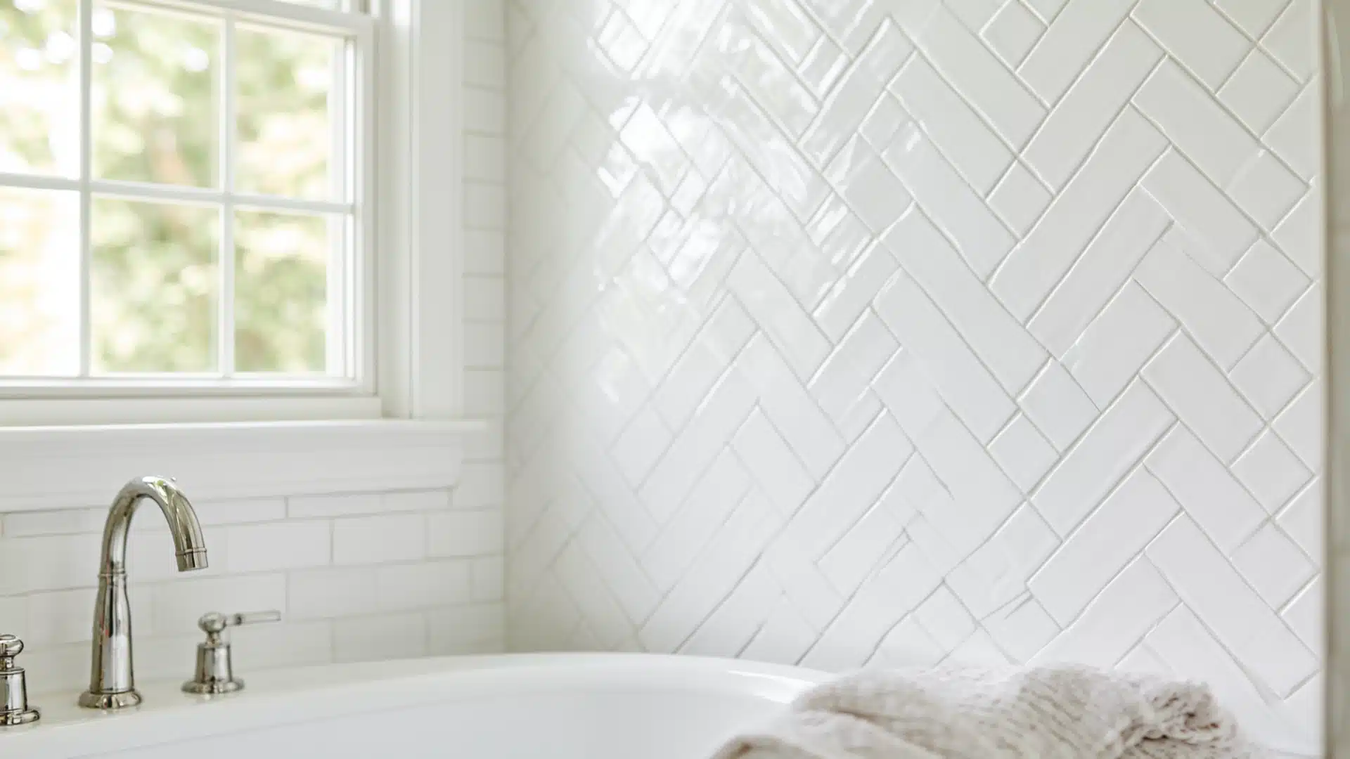 Glossy white herringbone wall tiles next to a bathtub with chrome hardware