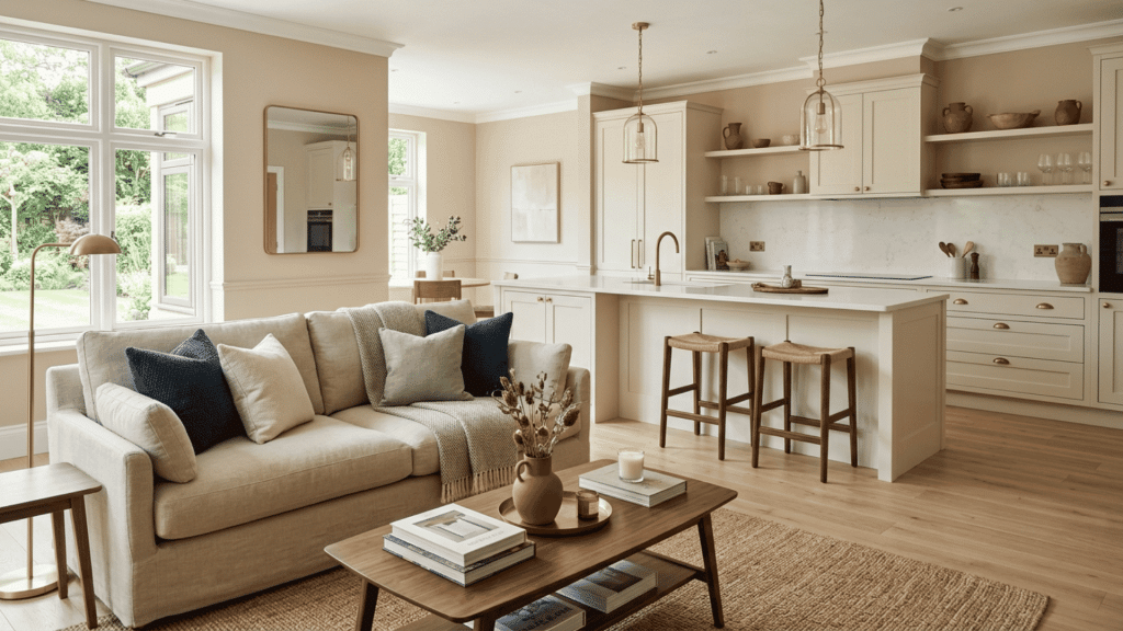 beige open kitchen and living room with cream sofa, navy pillows, and oak island