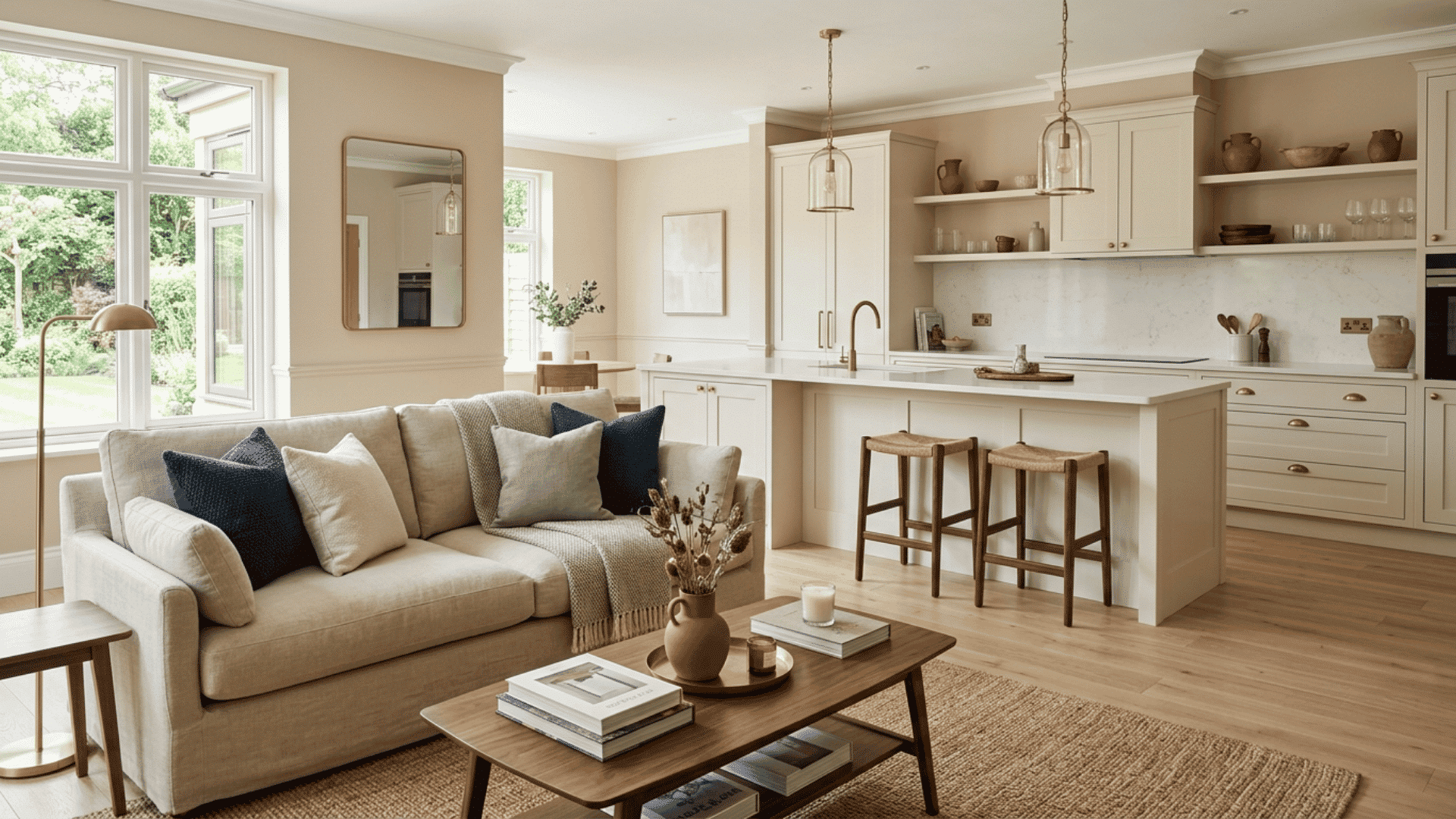 beige open kitchen and living room with cream sofa, navy pillows, and oak island