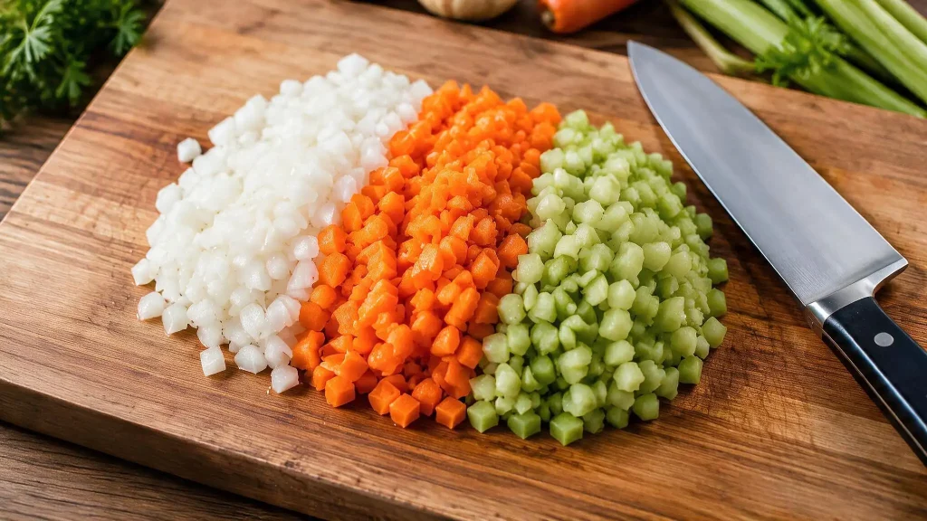 Finely diced onions, carrots, and celery arranged in separate piles on a wooden cutting board.