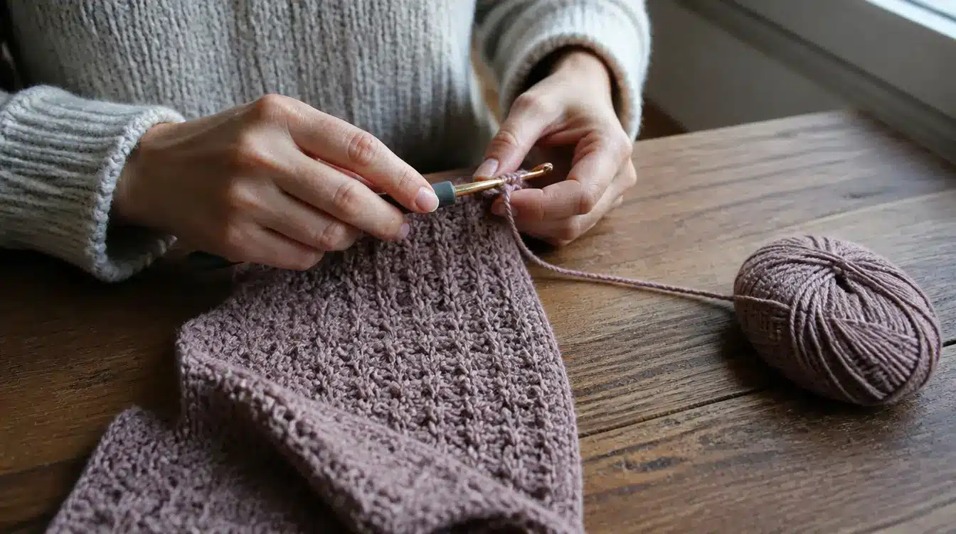 Person crocheting a mauve fabric piece with a crochet hook and yarn on a wooden table