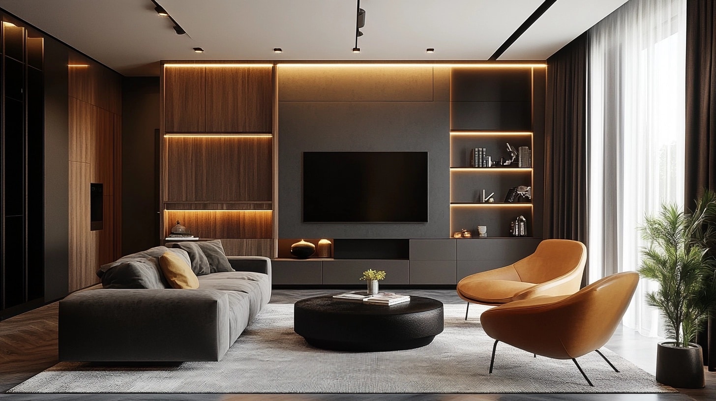 Modern living room with dark walls, wood panels, built in TV, and tan chairs.