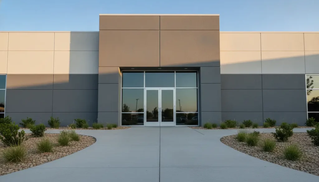 Modern gray commercial building entrance with glass doors and landscaped pathway under clear sky