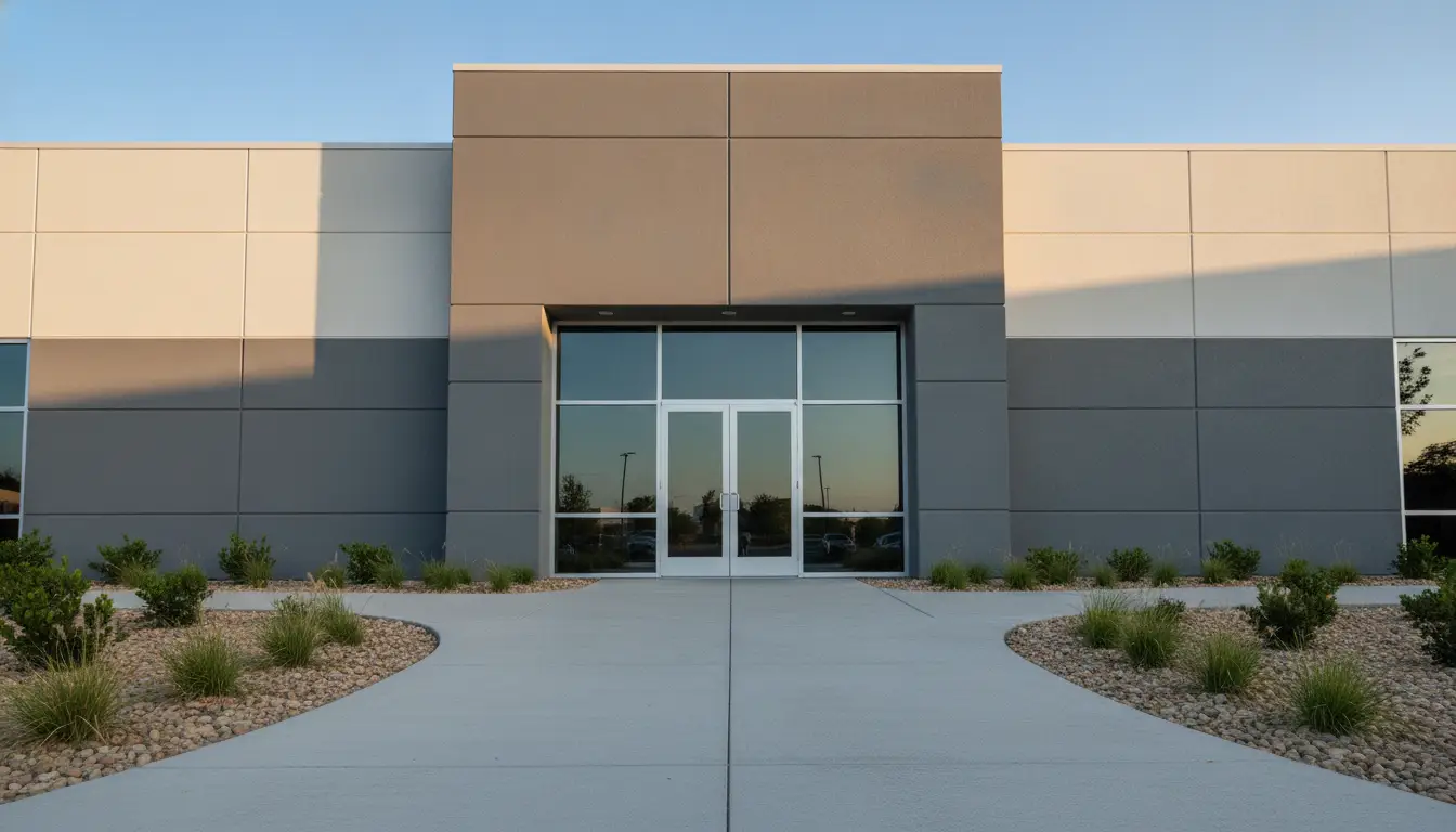 Modern gray commercial building entrance with glass doors and landscaped pathway under clear sky