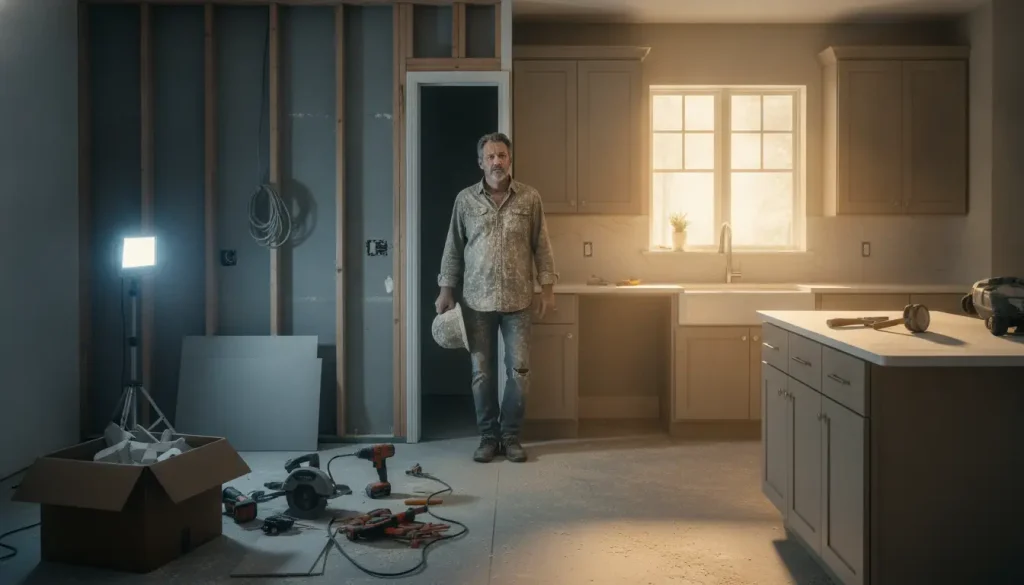 Construction worker standing in partially renovated kitchen with tools and materials scattered around