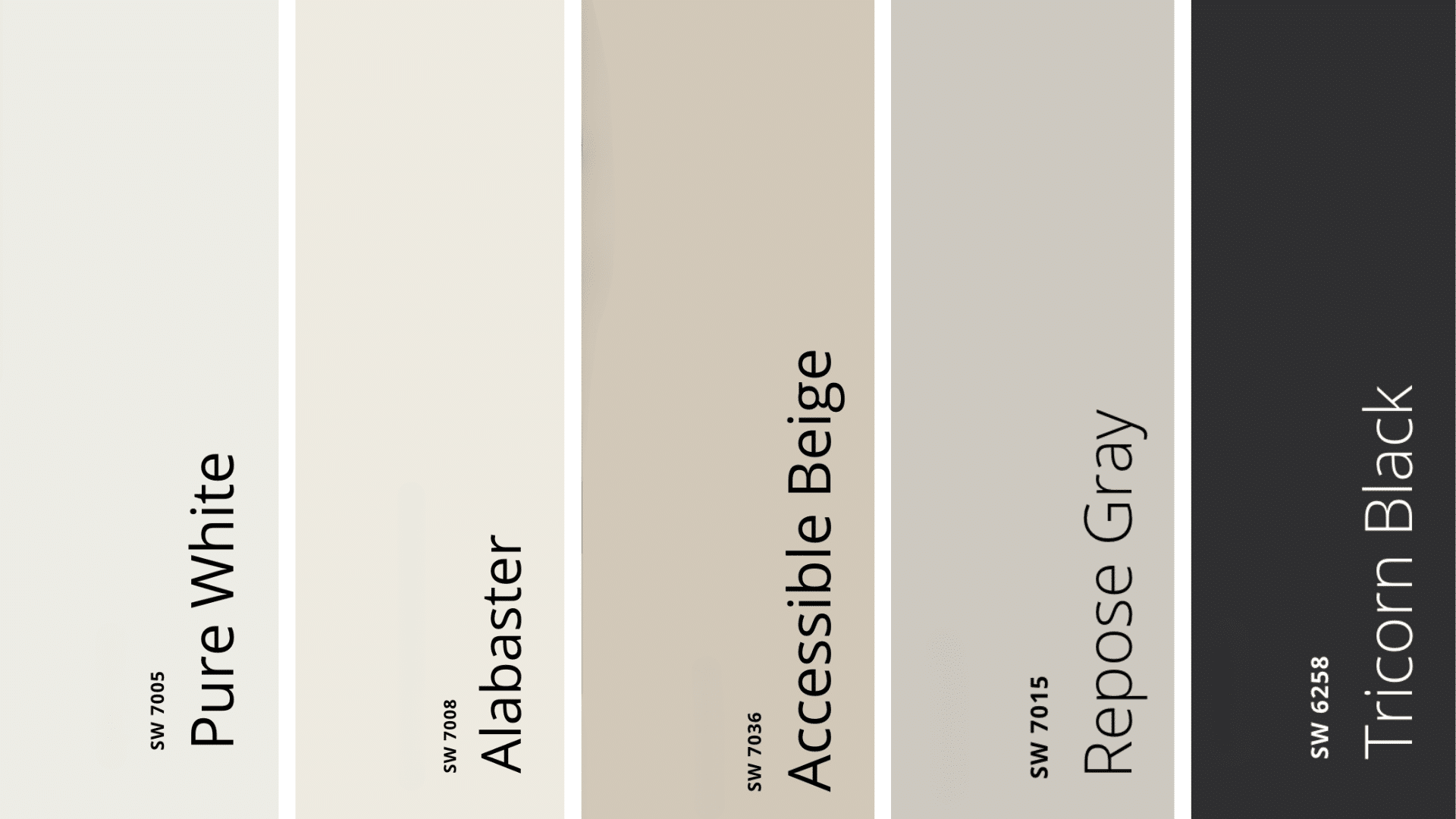 Pure White, Alabaster, Accessible Beige, Repose Gray, and Tricorn Black swatches