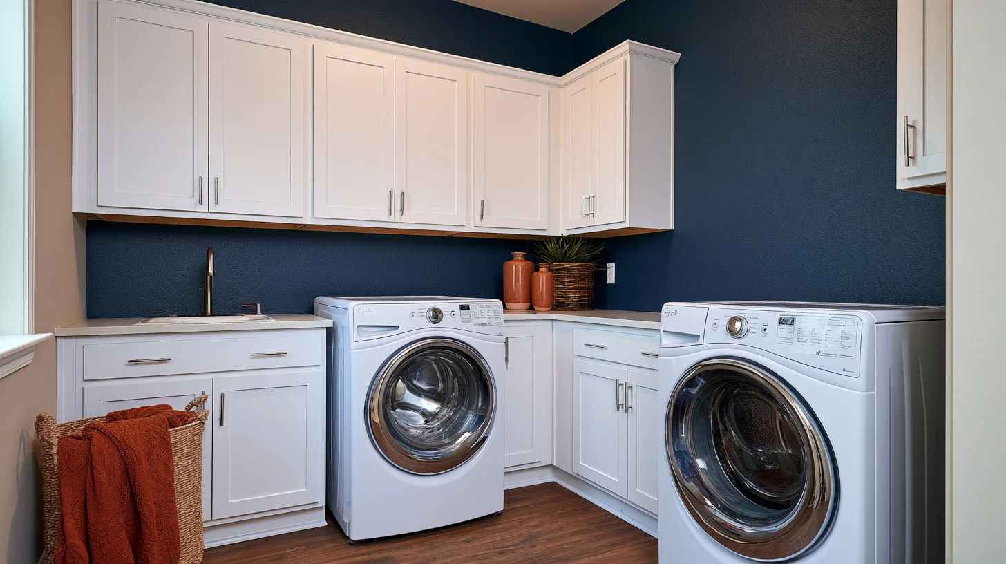 White cabinets surround a laundry room with two front-loading machines, a sink, woven basket with towels, and dark blue walls.