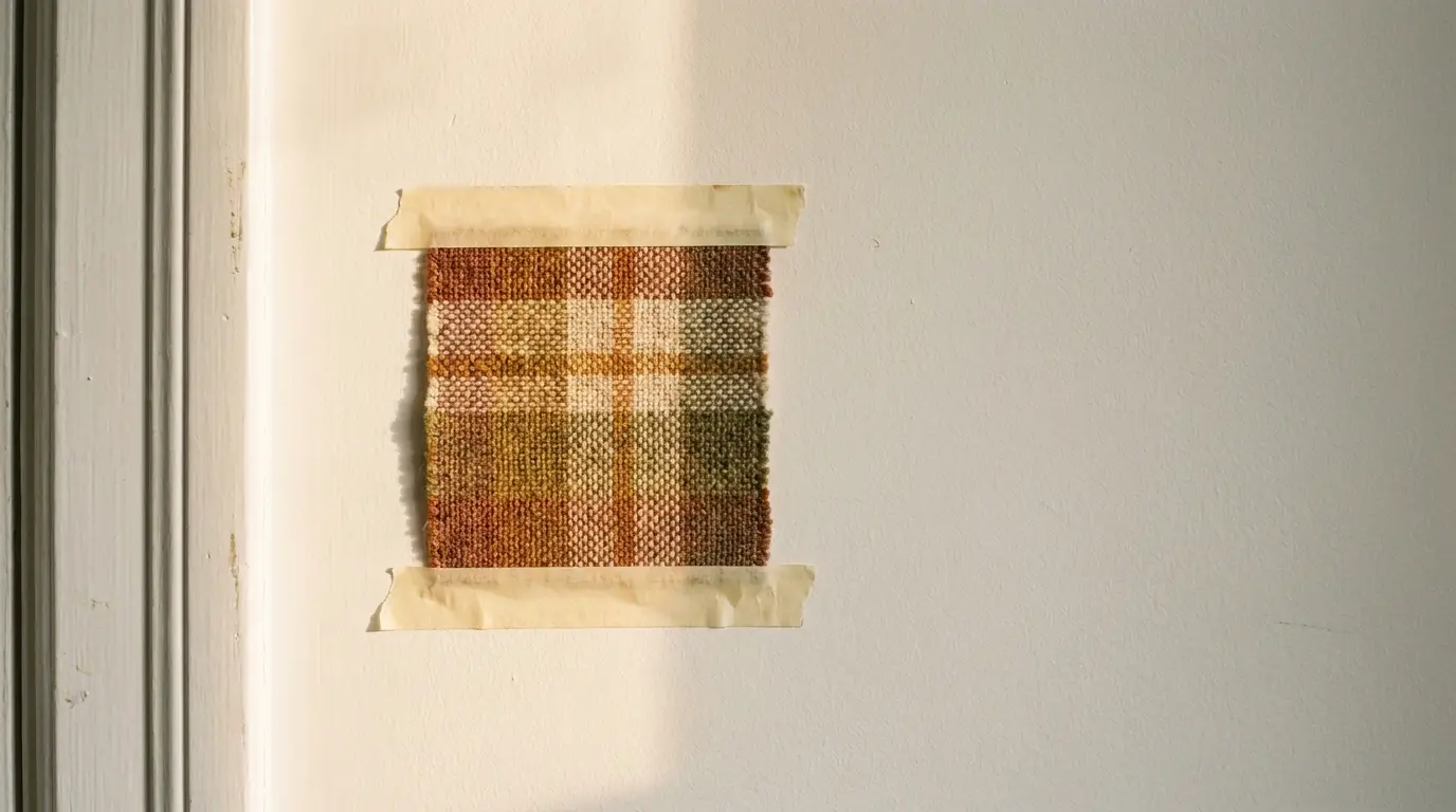 Rectangular plaid fabric swatch taped to wall in soft natural light