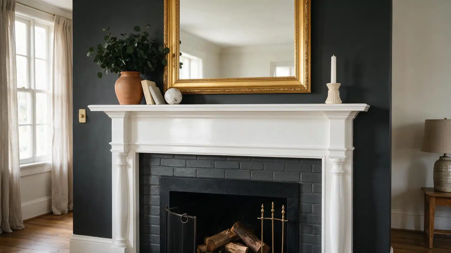 White fireplace mantel set against a matte black wall with a gold framed mirror above.