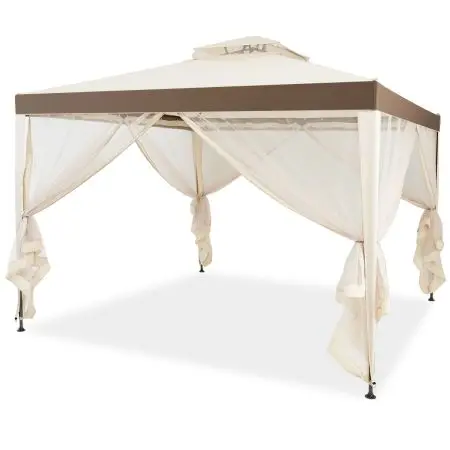 Cream and brown outdoor canopy with mesh curtains in a neutral setting