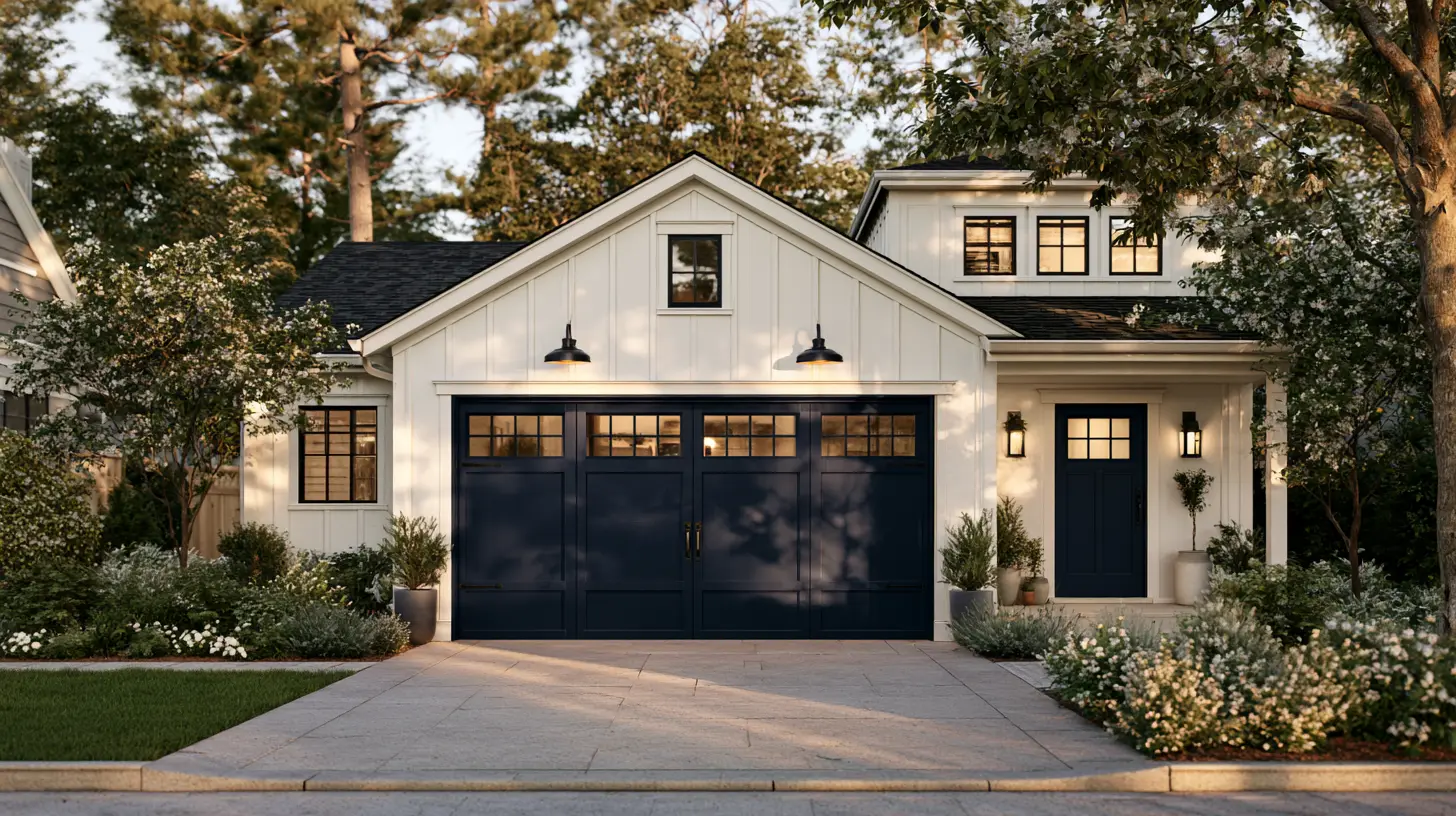 White home exterior with Hale Navy garage doors and matching entry door, black-framed windows, exterior lighting, and landscaped gardens.