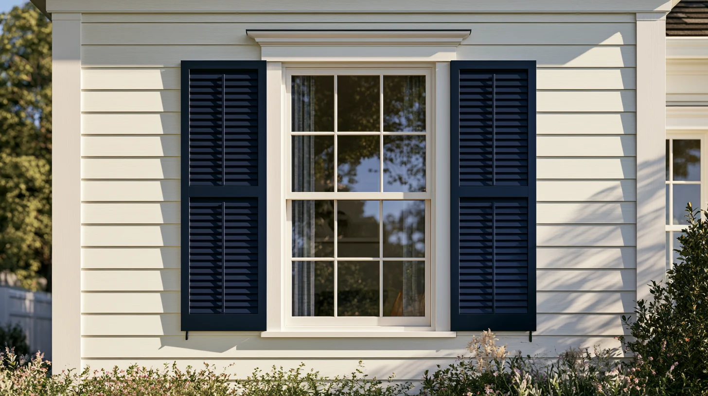 White house exterior with a large window framed by Hale Navy louvered shutters, white trim, horizontal siding, and surrounding greenery.