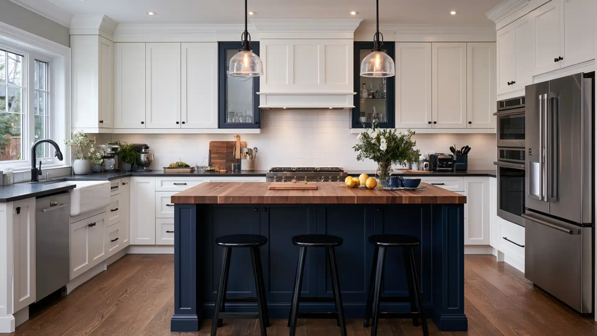 White kitchen cabinets with a dark navy blue central island and wood countertop.