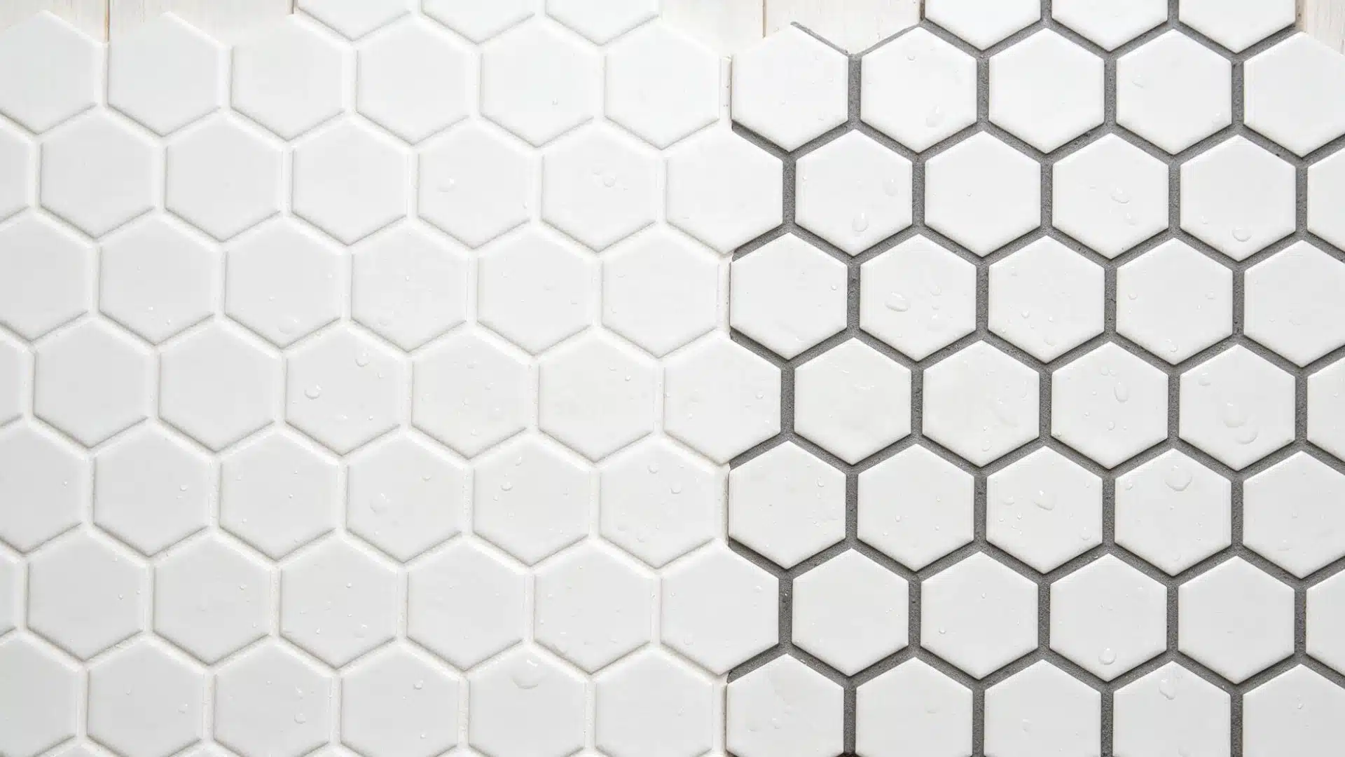 Split view comparing white hexagon tile with white grout versus grey grout