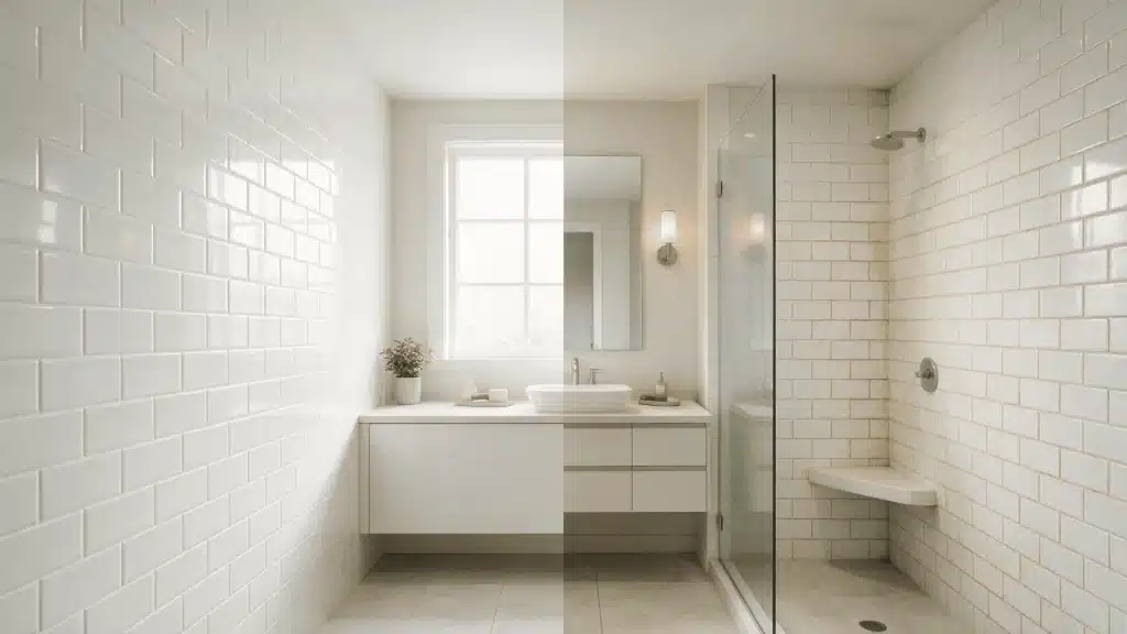 Split view of a modern bathroom comparing bright clean grout with discolored grout