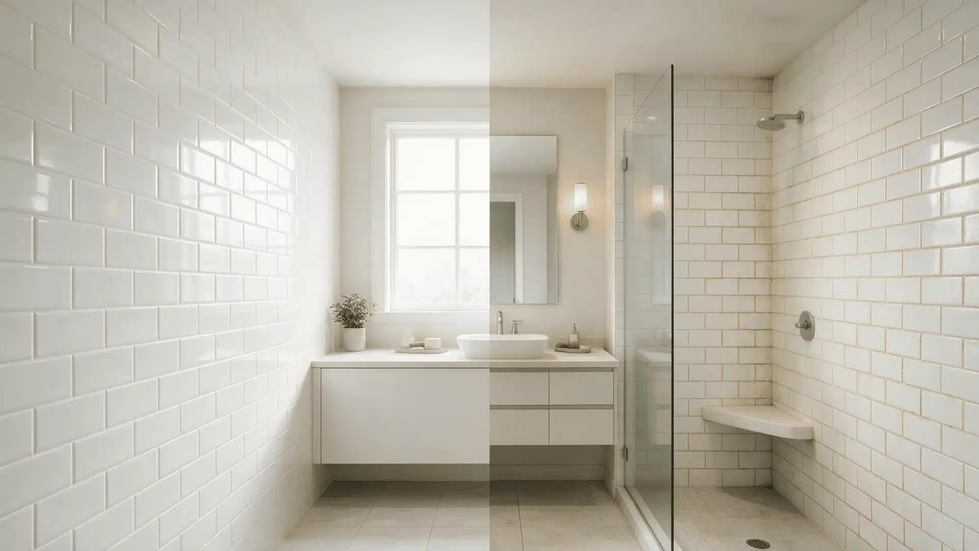 Split view of a modern bathroom comparing bright clean grout with discolored grout