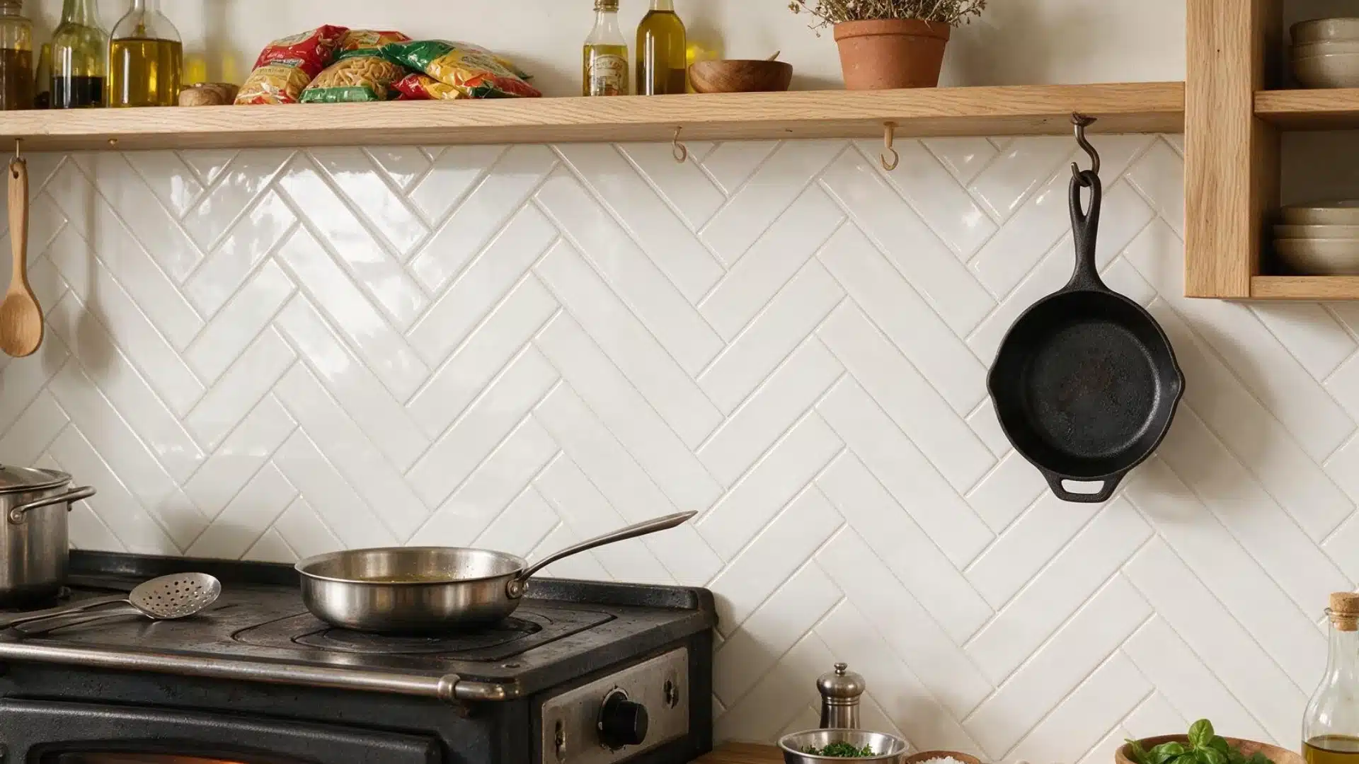 White herringbone tile backsplash with white grout behind a kitchen stove