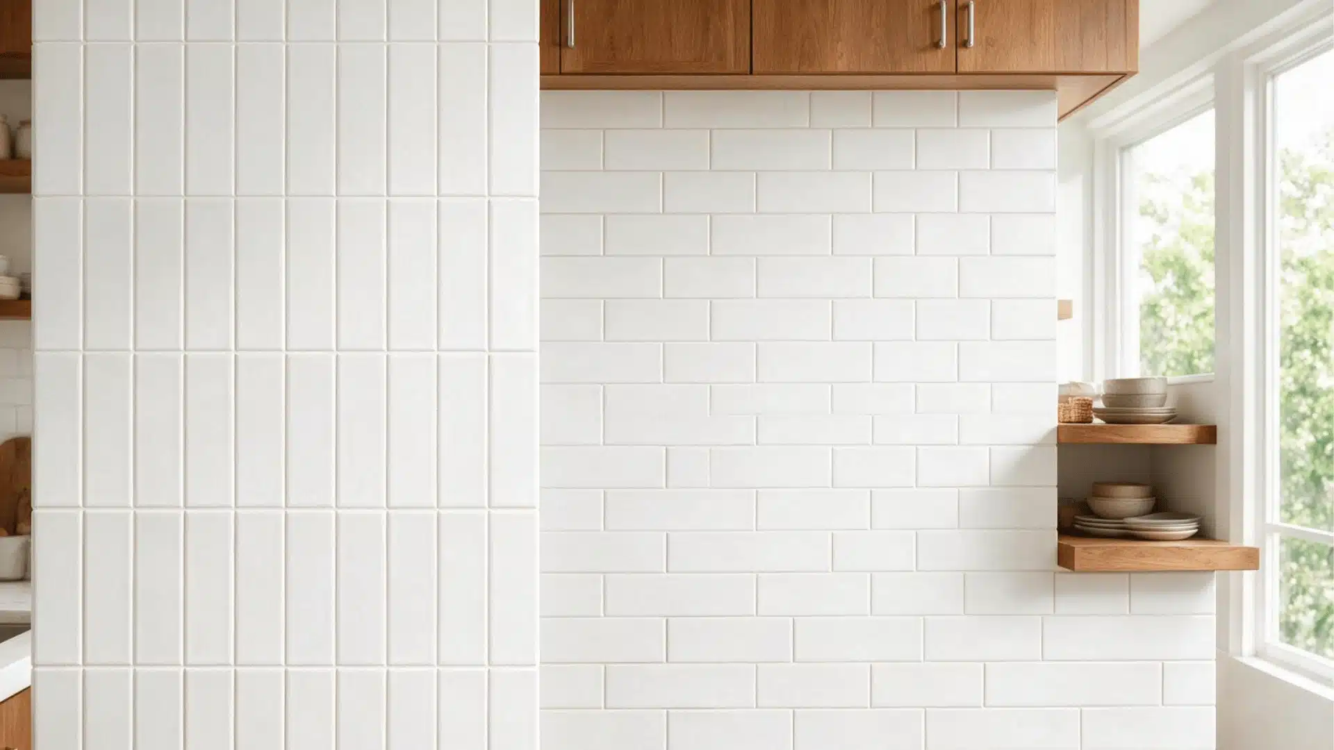 Vertical stacked and horizontal running bond white subway tiles with white grout