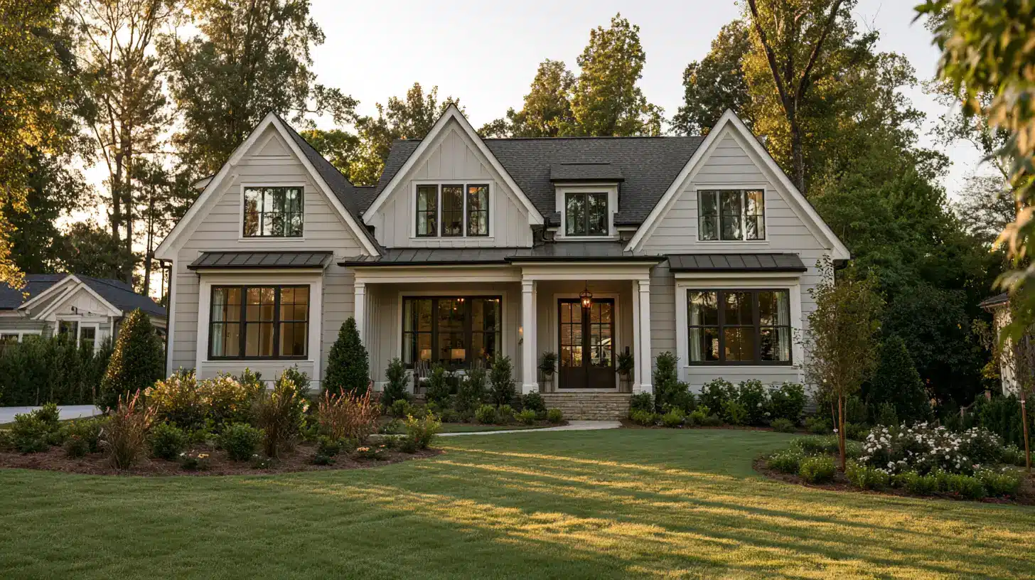 White two-story house with three front gables, a covered porch, landscaped garden beds, and a broad lawn surrounded by trees.