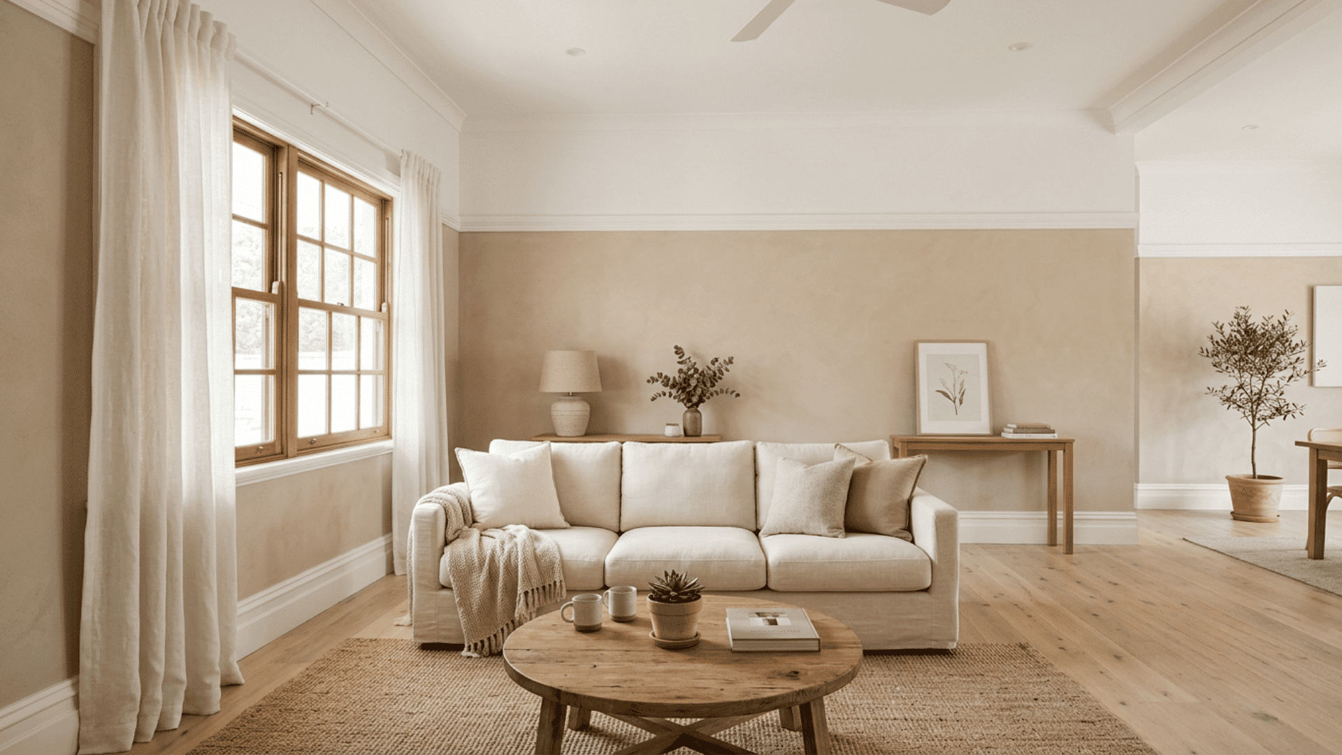 bright neutral living room with cream couch, wood table, rug, and sheer curtains
