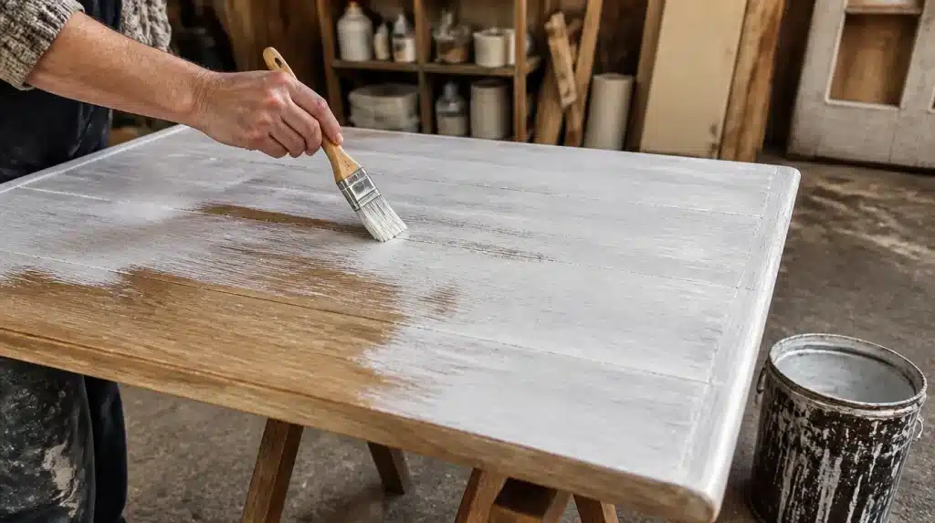 A person applying white paint to a wooden table with a paintbrush focused on achieving an even coat