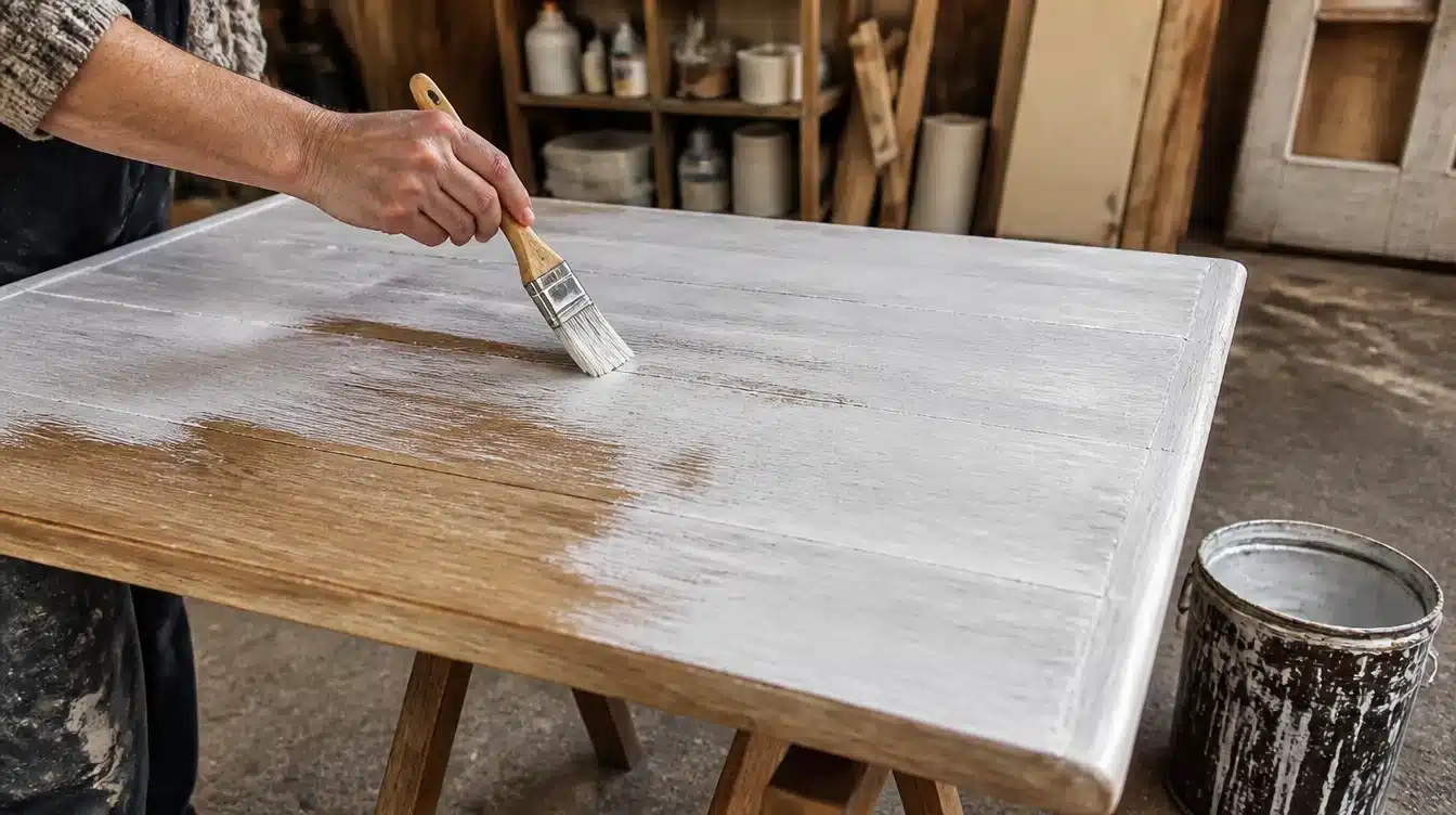 A person applying white paint to a wooden table with a paintbrush focused on achieving an even coat