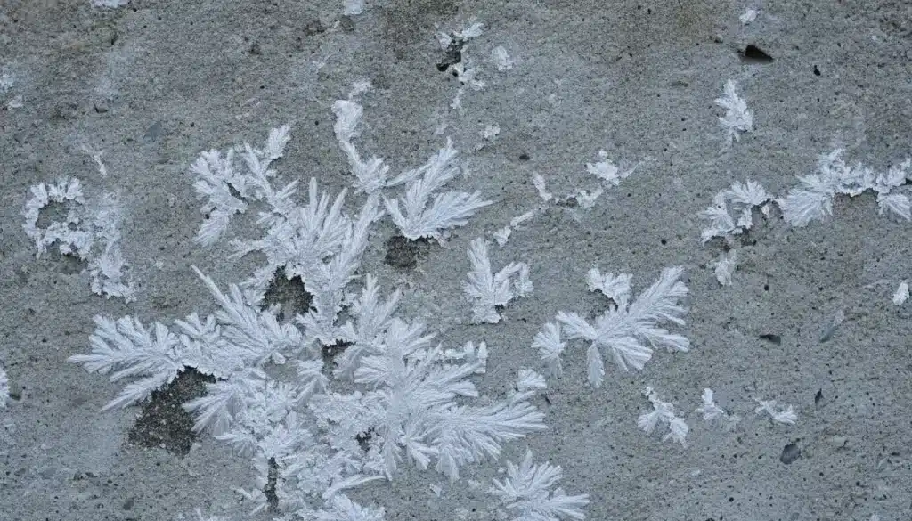 Frost patterns on rough concrete surface in close-up view