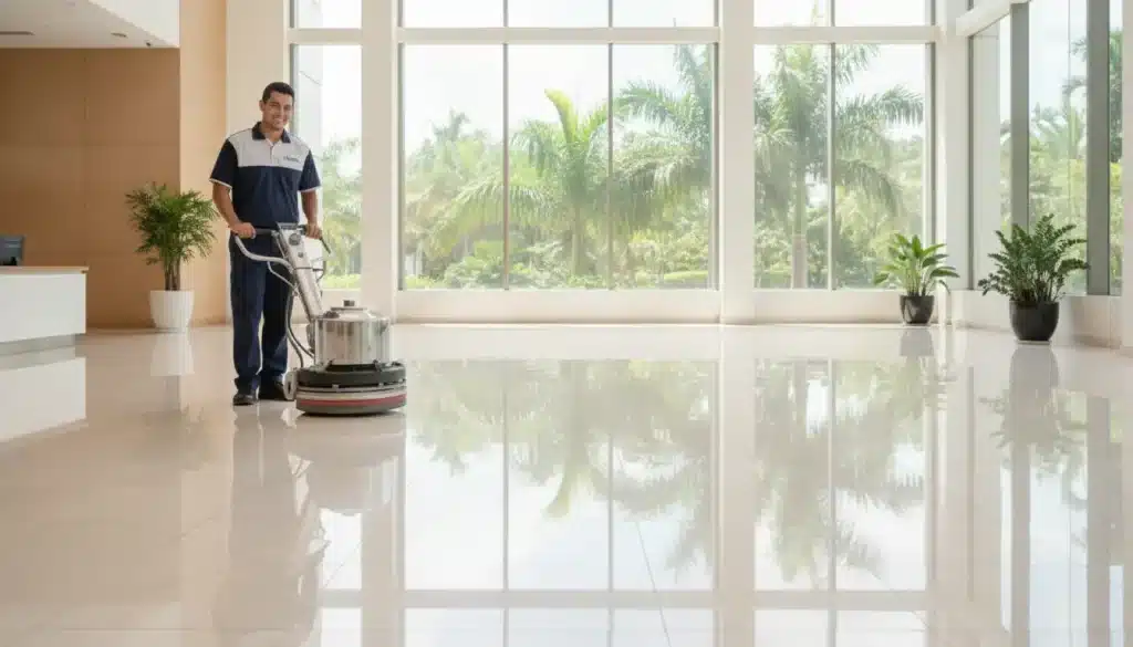 Floor cleaner operating machine in spacious lobby with large windows and potted plants
