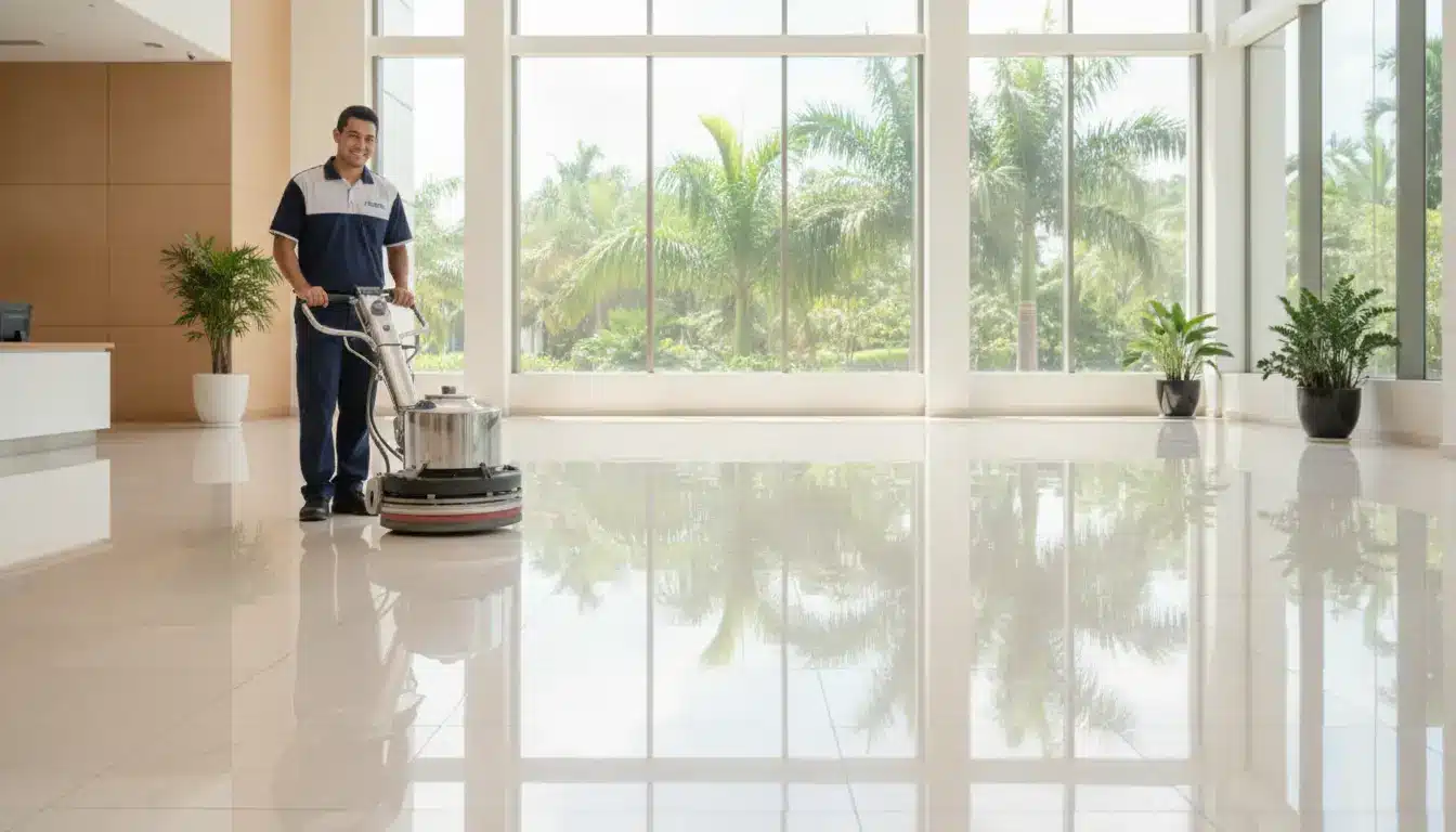 Floor cleaner operating machine in spacious lobby with large windows and potted plants