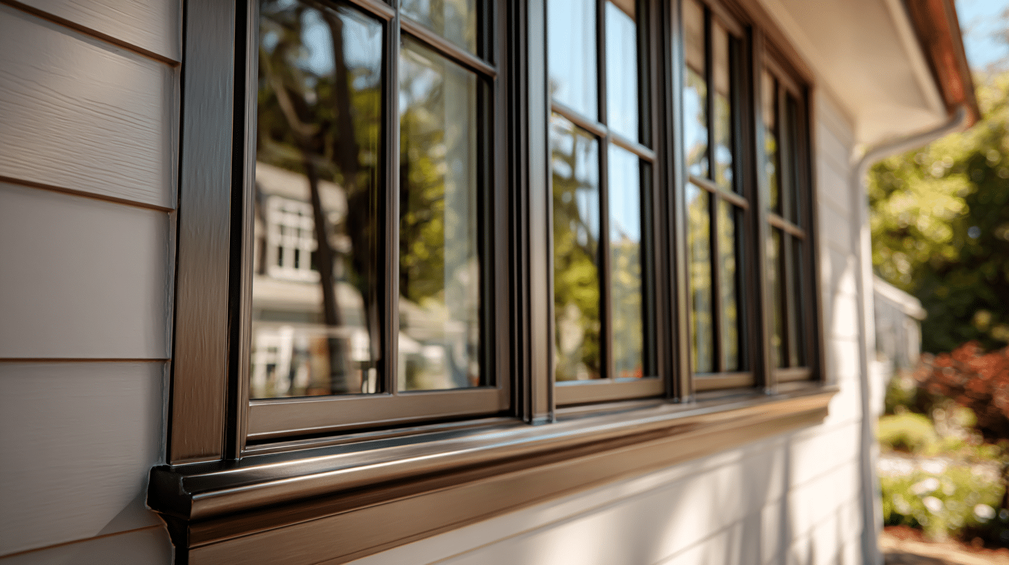 Urbane Bronze window frames against white siding with reflections of trees